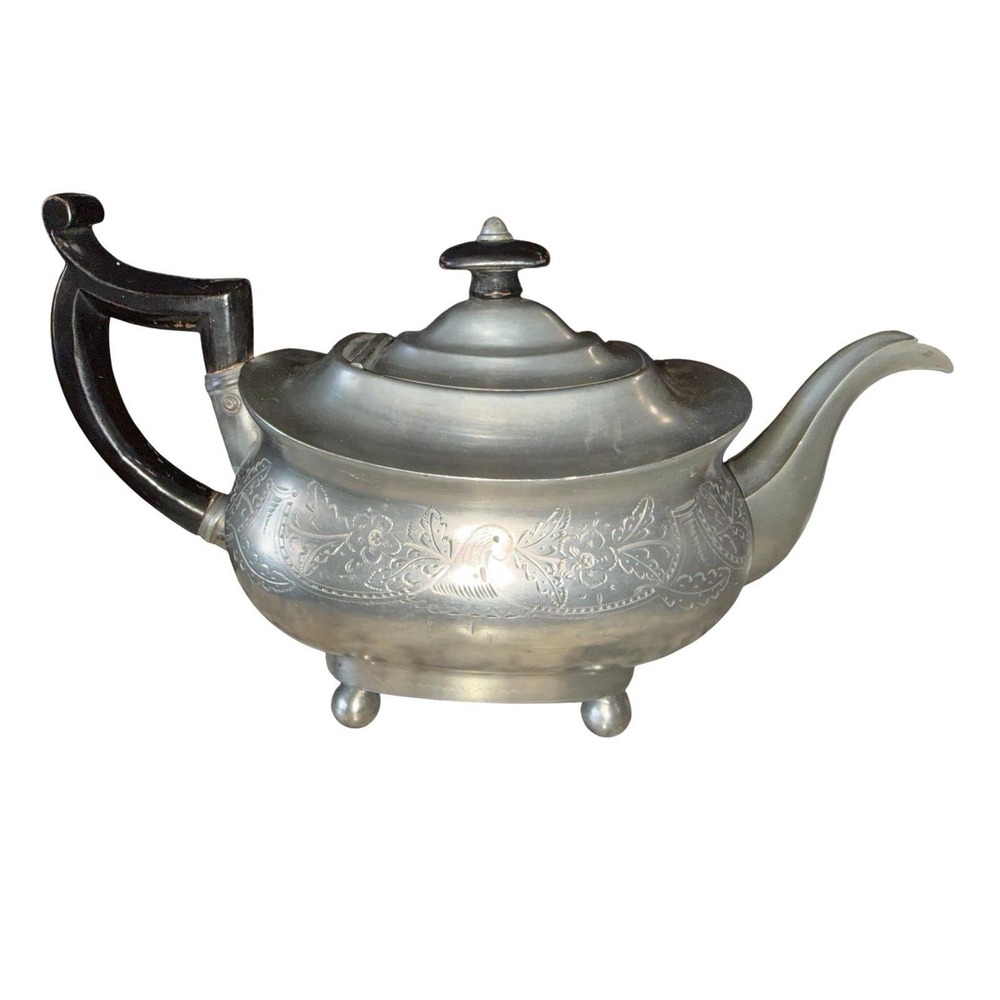 Mid Century Nickel Silver Teapot Floral Engraved Ball Feet Wood Handle Vintage